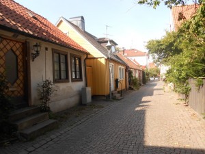 Petite rue d'Halmstad avec des petites maisons en bois